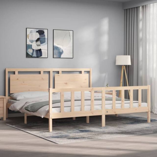 Berkfield Home Beautiful Bed Frame with Headboard 200x200 cm Solid Wood in Natural - image 1