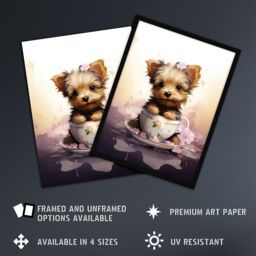 "Artery8 Wall Art Print Tea Cup Yorkshire Terrier Lovers Gift Watercolour Pet Portrait Painting Artwork Art Framed - Size: W12"" x H16""" - thumbnail 2