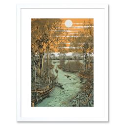 "Artery8 Wall Art Print Mangrove Forest Swamp Landscape Linocut Style Artwork Framed 9X7 Inch in White - Size: W7"" x H9""" - thumbnail 1