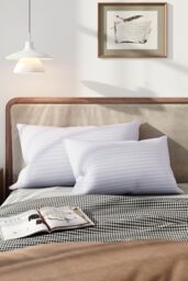 Living and Home 2Pcs Washable Stripe Bed Pillows Comfortable Medium Firm Support Pillows, 74cm L x 48cm W in White - Size: 74 cm L x 48 cm W - thumbnail 1