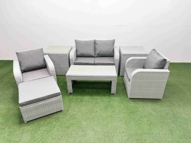 Fimous Light Grey PE Wicker Rattan Garden Furniture Set Sofa Set Reclining Adjustable Chair Oblong Coffee Table 5 Seater With Footstool 2 Side Table - image 1