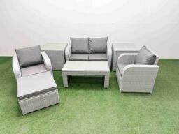 Fimous Light Grey PE Wicker Rattan Garden Furniture Set Sofa Set Reclining Adjustable Chair Oblong Coffee Table 5 Seater With Footstool 2 Side Table - thumbnail 2