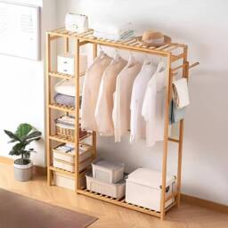 EONLION Natural-121x30x146.5cm Wardrobe Wooden Clothes Rail Rack in Natural - Size: 500mm - thumbnail 3