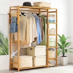 EONLION Natural-121x30x146.5cm Wardrobe Wooden Clothes Rail Rack in Natural - Size: 500mm - thumbnail 4