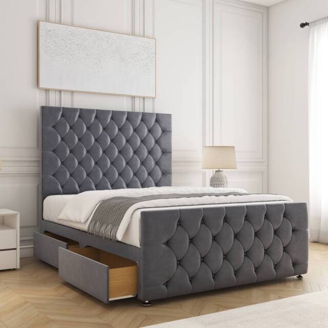 "BSSPOKE Maya Plush Velvet Divan Bed 54""Headboard & 2Drawers Same Side Mattress in Charcoal - Size: King" - image 1