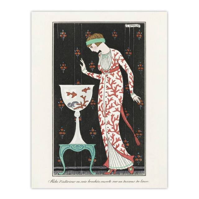 "Artery8 Coral Evening Dress Fashion Advert Barbier Wall Art Print Poster in White - Size: W12"" x H16""" - image 1