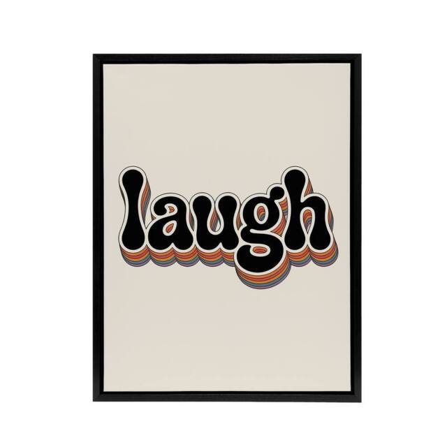 "Artery8 Laugh Vibrant Retro Rainbow Font Typography Framed Canvas Art Print in Beige - Size: W12"" x H16""" - image 1