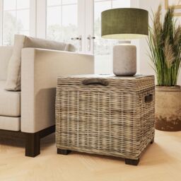 FWStyle Kubu Rattan Lift Up Greywash Pine Storage Side Table Assembled in Brown