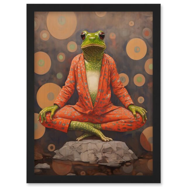 Artery8 Wall Art Print The Enlightened Frog Meditation Yogi Conceptual Artwork Green Coral Pink Yoga Mindfulness Artwork Framed A4 in Black - image 1