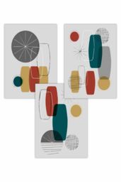 ARTZE Set of 3 Mid Century Graphical Teal Red Yellow Art Posters - Size: W50 cm x H70 cm