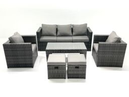 Fimous Rattan Garden Furniture Set Outdoor Lounger Sofa with Coffee Table 2 Armchair 2 Small Footstools Dark Grey Mixed - thumbnail 2