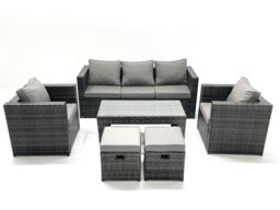 Fimous Rattan Garden Furniture Set Outdoor Lounger Sofa with Coffee Table 2 Armchair 2 Small Footstools Dark Grey Mixed - thumbnail 1