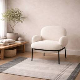 Wyld Haus Tritta Curved Ivory Sherpa Bouclé Accent Chair Matt Black Metal Legs