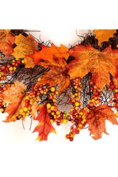 Living and Home 45cm Autumn Maple Leaf Berry Rattan Wreath with 2m LED Lights Fall Home Decoration in Orange - thumbnail 6