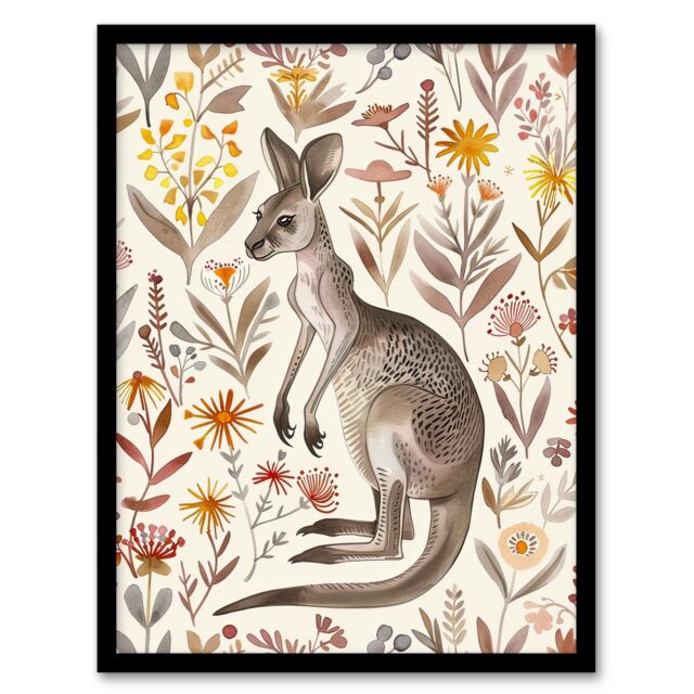 "Artery8 Cute Kangaroo with Wildflowers Bright Folk Art Framed Wall Art - Size: W12"" x H16""" - image 1