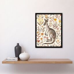 "Artery8 Cute Kangaroo with Wildflowers Bright Folk Art Framed Wall Art - Size: W12"" x H16""" - thumbnail 4
