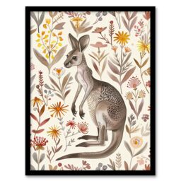 "Artery8 Cute Kangaroo with Wildflowers Bright Folk Art Framed Wall Art - Size: W12"" x H16""" - thumbnail 1