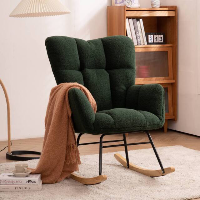 Direct Wicker Modern Teddy Fabric Tufted Upholstered Rocking Chair Padded Seat in Dark Green - Size: 1 Pack - image 1