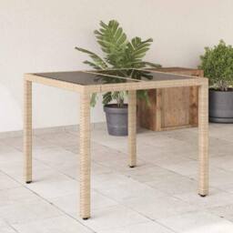 Berkfield Home Garden Table with Glass Top Beige 90x90x75 cm Poly Rattan - Size: 90 x 90 x 75 cm - thumbnail 2