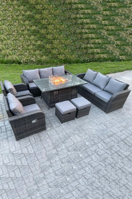 Fimous Outdoor Rattan High Back Sofa Set Fire Pit Dining Table Gas Heater 2 Recling Chairs Footstools 10 Seater in Dark Grey - image 1