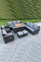 Fimous Outdoor Rattan High Back Sofa Set Fire Pit Dining Table Gas Heater 2 Recling Chairs Footstools 10 Seater in Dark Grey