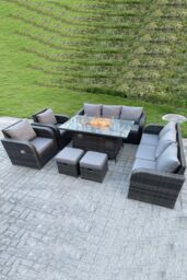 Fimous Outdoor Rattan High Back Sofa Set Fire Pit Dining Table Gas Heater 2 Recling Chairs Footstools 10 Seater in Dark Grey - thumbnail 3