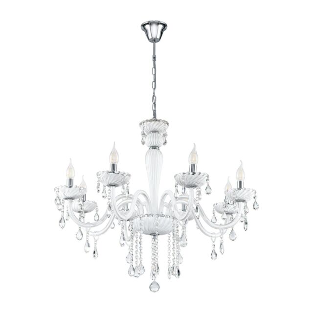 Loops Chandelier Pendant Light Colour Chrome Shade White Glass Droplets Bulb E14 8x40W - image 1