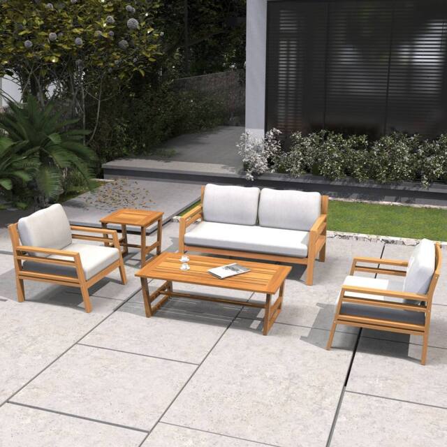 Direct Wicker 5 PCS Garden Conversation Set, Acacia Wood Outdoor Loveseat Sofa Set in Brown - Size: 5 Pack - image 1