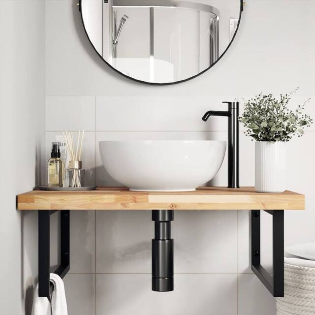 Berkfield Home Elegant Basin Shelf Wall Mounted Steel & Solid Wood Acacia in Brown - image 1