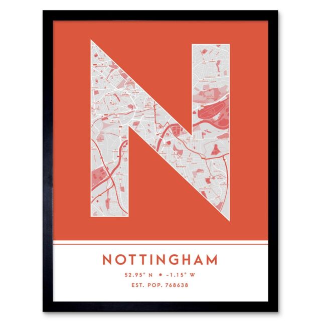 "Wee Blue Coo Wall Art Print Nottingham England United Kingdom City Map Modern Typography Stylish Letter Framed Word in Orange - Size: W12"" x H16""" - image 1