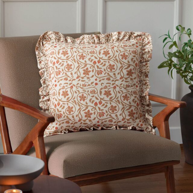 Paoletti Linen Filigree Printed Ruffle Cushion in Yellow - Size: 50 cm x 50 cm - image 1