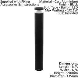Loops 2 PACK IP44 Outdoor Bollard Light Black Cast Aluminium 11W LED Lamp Post - thumbnail 2