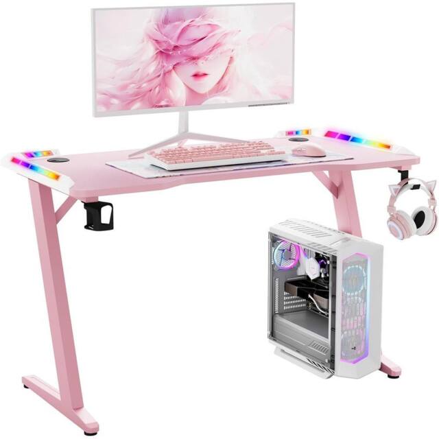 KEEPREAPER Stylish Computer Gaming Desk With LED Lights & Cup Holder in Pink - image 1