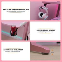 KEEPREAPER Stylish Computer Gaming Desk With LED Lights & Cup Holder in Pink - thumbnail 7