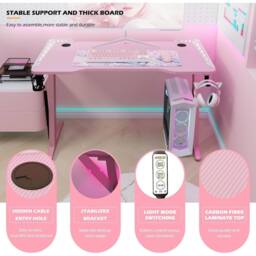 KEEPREAPER Stylish Computer Gaming Desk With LED Lights & Cup Holder in Pink - thumbnail 6