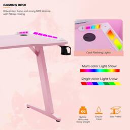 KEEPREAPER Stylish Computer Gaming Desk With LED Lights & Cup Holder in Pink - thumbnail 4