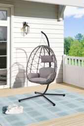 Garden Sanctuary Egg-Shaped Freestanding Hanging Chair with Stand & Cushion in Grey - thumbnail 1