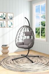 Garden Sanctuary Egg-Shaped Freestanding Hanging Chair with Stand & Cushion in Grey - thumbnail 2