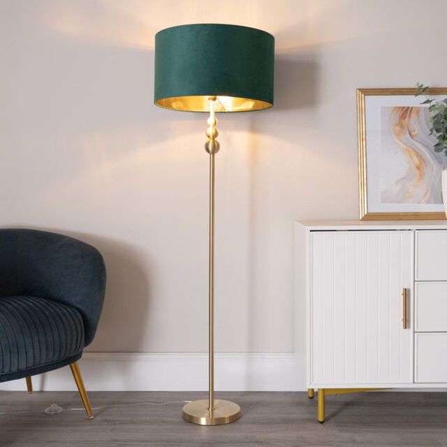 ValueLights Marissa Gold Stacked Ball Floor Lamp with Velvet with Gold Inner Shade & Bulb in Bottle Green - image 1