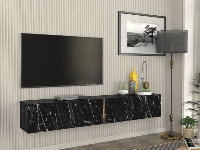 Vente-unique Wall - Mounted TV Stand With 2 Doors - Black Marble Effect - DINOMA - image 1