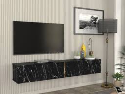 Vente-unique Wall - Mounted TV Stand With 2 Doors - Black Marble Effect - DINOMA - thumbnail 3