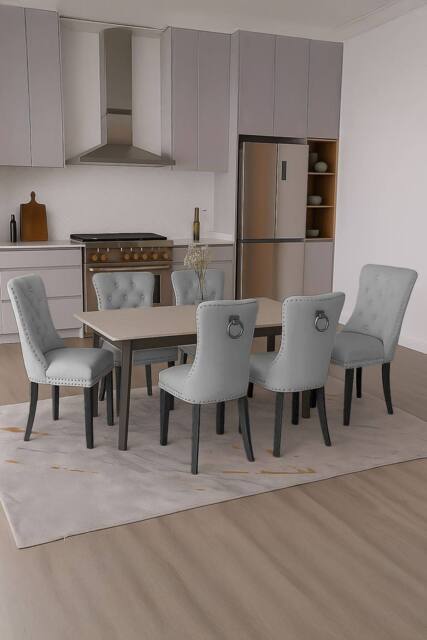 Neo Set of Six Studded Velvet Dining Chair with Ring Knocker Detail in Light Grey - Size: 6 Person - image 1