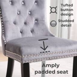 Neo Set of Six Studded Velvet Dining Chair with Ring Knocker Detail in Light Grey - Size: 6 Person - thumbnail 4