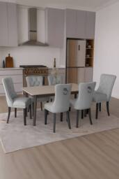 Neo Set of Six Studded Velvet Dining Chair with Ring Knocker Detail in Light Grey - Size: 6 Person - thumbnail 1