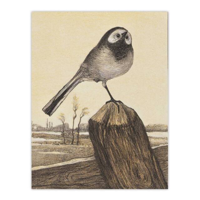 "Artery8 Wagtail Bird Perched on Pole Vintage Wall Art Print van Hoytema in Brown - Size: W12"" x H16""" - image 1