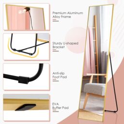 Costway 160 x 40cm Wall-mounted Full Length Mirror Bedroom Floor Dressing Mirror in Gold - Size: 160 x 40 cm - thumbnail 6