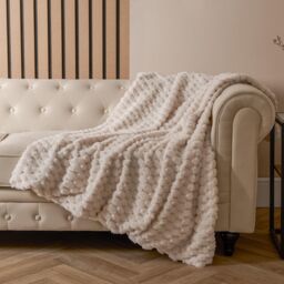 OHS Thick Waffle Faux Fur Soft Fleece Throw Warm Blanket in Cream - Size: 125 cm x 150 cm