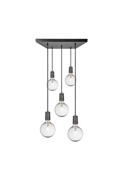 Industville Sleek Edison Square Cluster Lights, 5 Wire, Pewter in Dark Grey