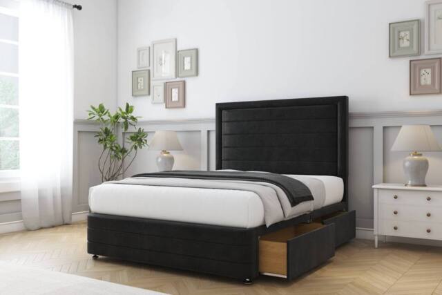 "Comfort Beds Anna Plush Divan Base 4 Drawers - 54"" Headboard-Footboard in Black - Size: Super King" - image 1