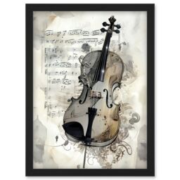 Artery8 Violin Instrument & Sheet Music Modern Monochrome Watercolour Illustration Artwork Framed Wall Art Print A4 in Black - thumbnail 1
